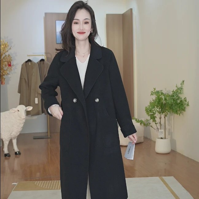 SJK2024新款双面呢大衣韩版百搭毛呢外套简约时尚女中长款风衣