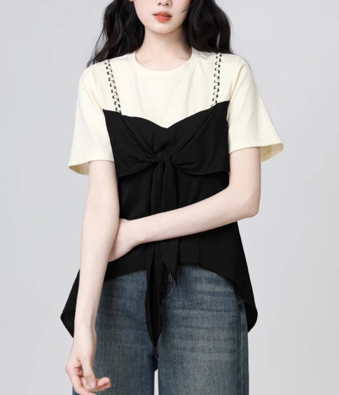 维10到19备注链接 默认瑕疵  假两件短袖上衣女