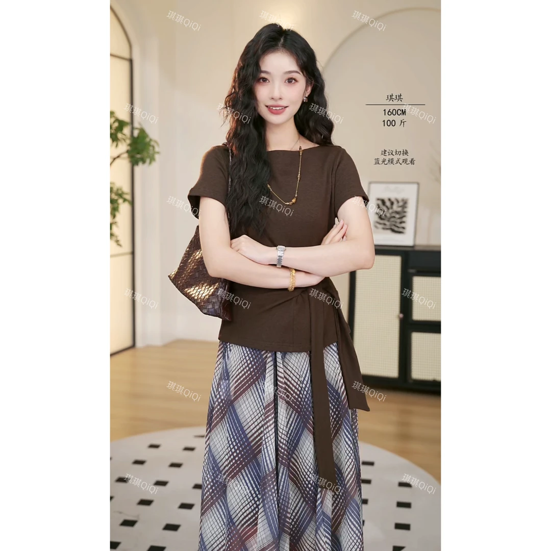 【琪琪】设计感系带收腰圆领短袖T恤女夏正肩显瘦不规则上衣