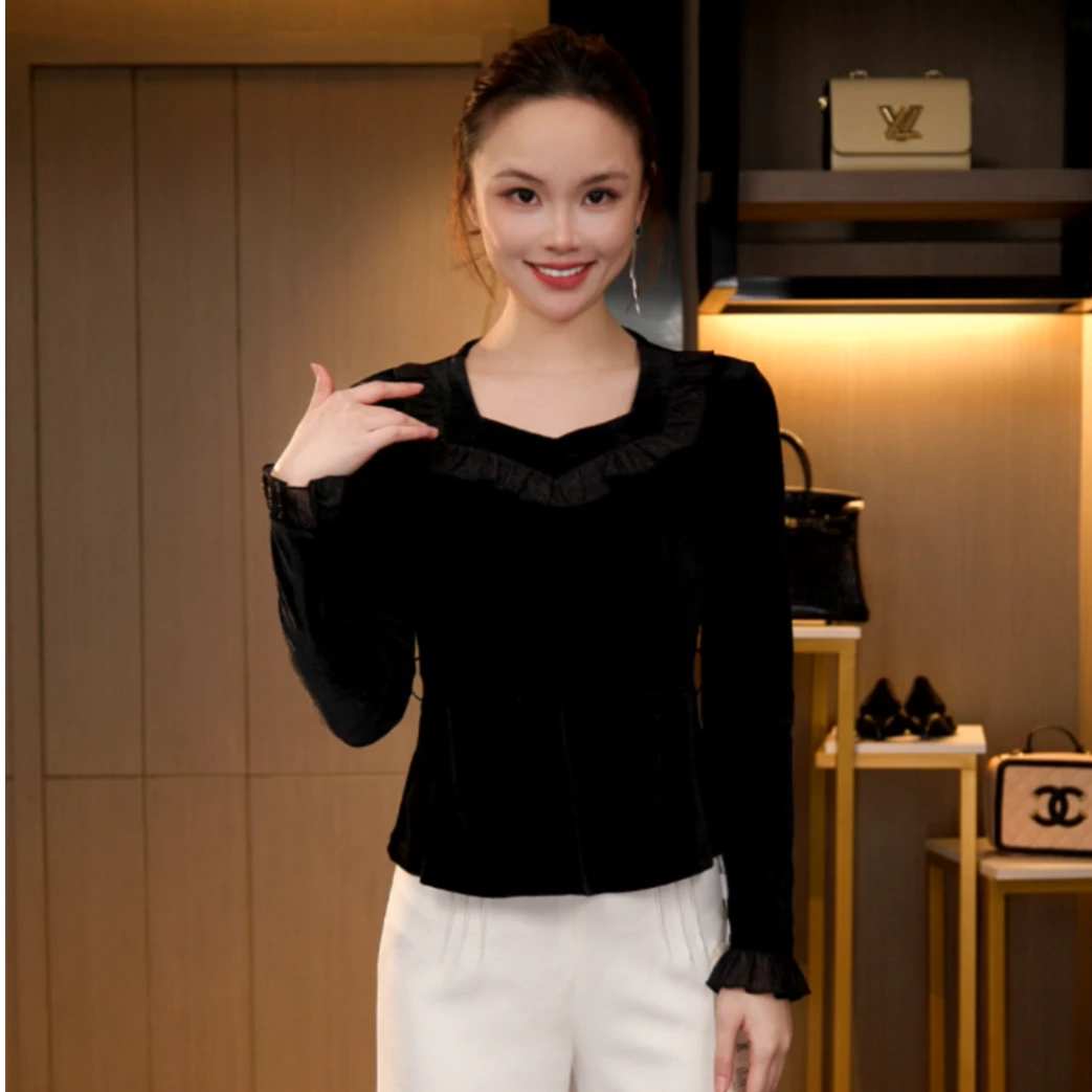 L3D1260 秋冬法式复古长袖显瘦气质丝绒T恤上衣