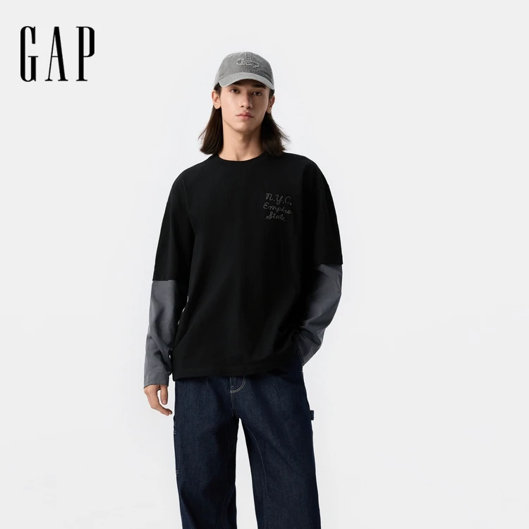 Gap男女装2025春季新款刺绣logo假两件百搭t恤学院风上衣723825