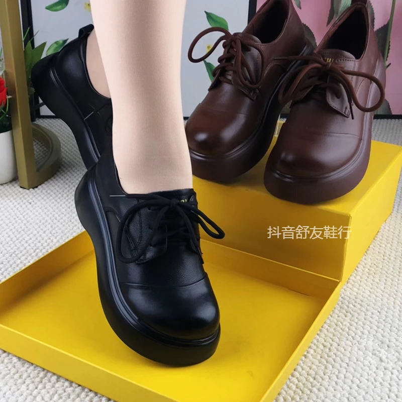 真皮女鞋春秋季新款圆头厚底松糕底单鞋头层牛皮轻便乐福鞋小皮鞋