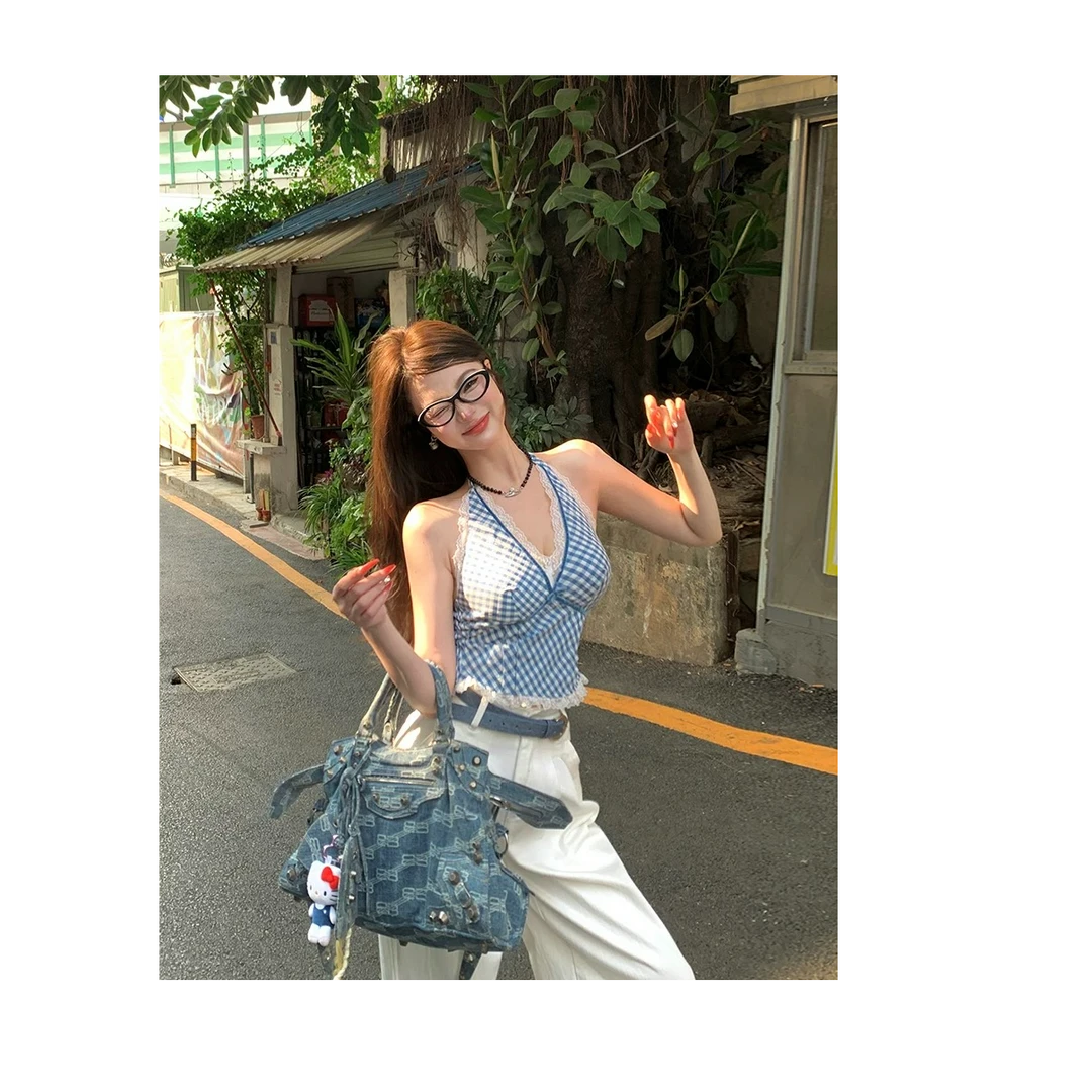 甜菜大码小众格子背心吊带女夏季拼接蕾丝内搭性感挂脖辣妹上衣