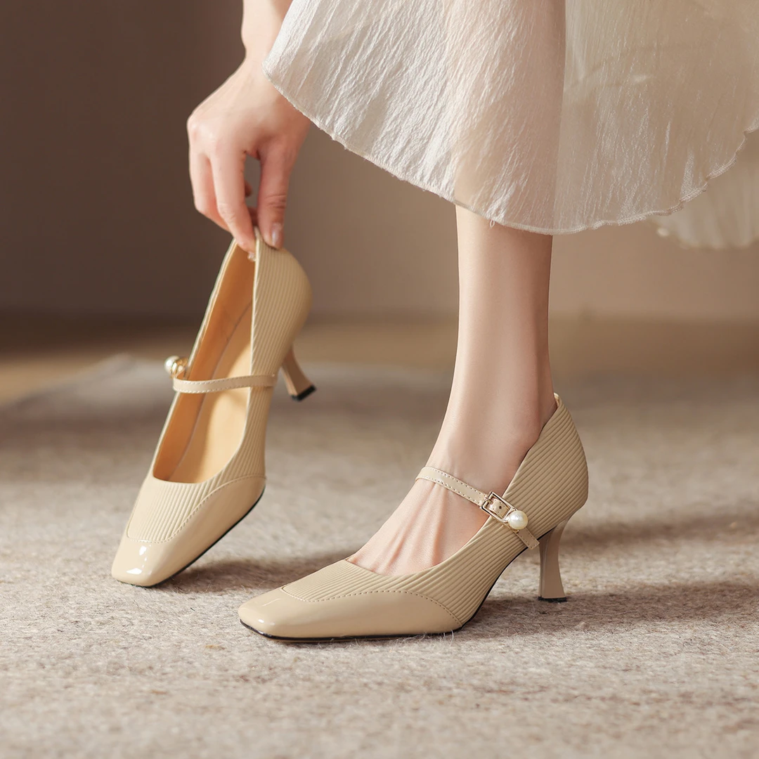 阿么手工女鞋方头一字带珍珠单鞋法式玛丽珍高跟鞋气质高级感7CM