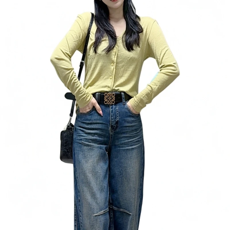 幂幂同款显高显瘦高腰宽松复古弯刀阔腿秋冬休闲牛仔裤腰头女