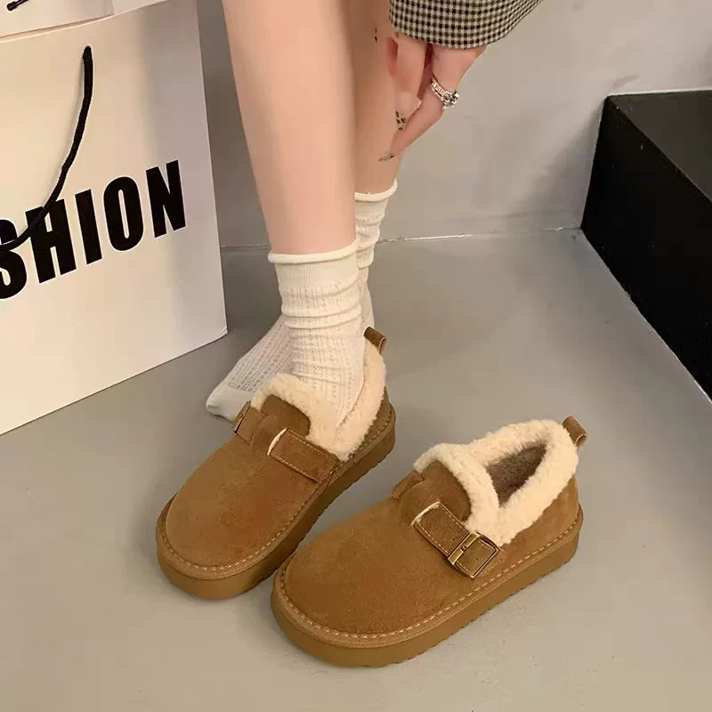 607)勃肯鞋女加绒保暖厚底复古一脚蹬毛毛鞋冬季雪地棉鞋