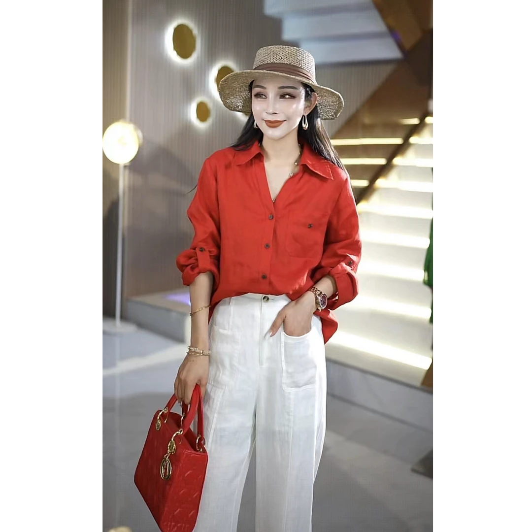 夏季高端时尚百搭洋气显瘦超凉快透气100亚麻长袖衬衫ML25863C