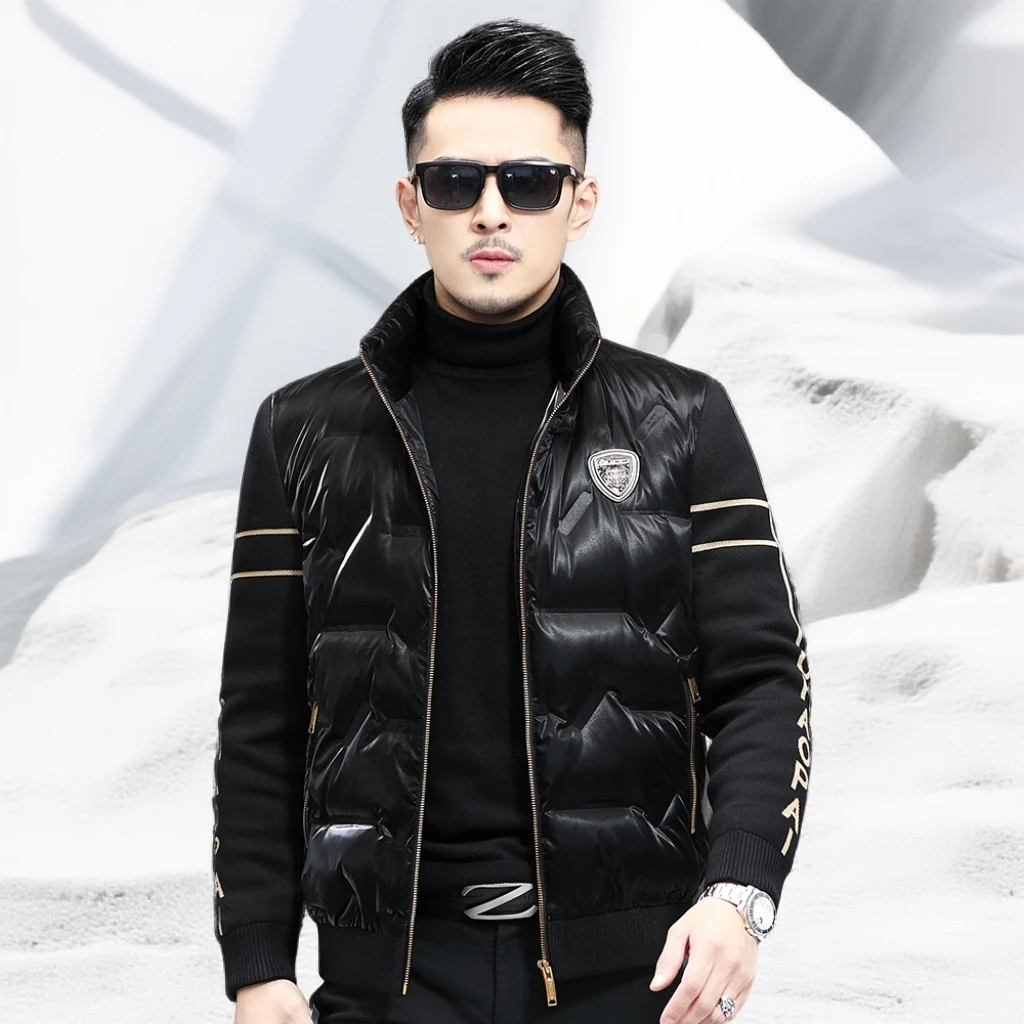 宾斯洛特男士羽绒服短款新款立领亮面针织袖拼接潮流男装保暖外套