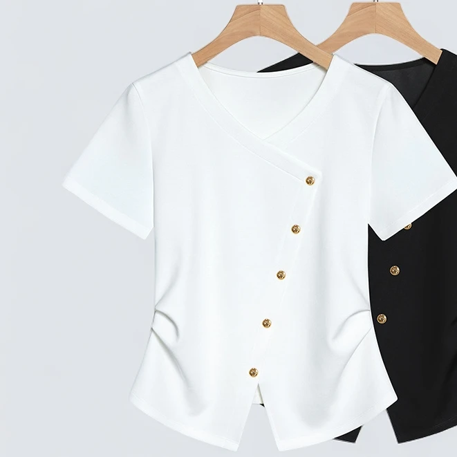 小香风白色掐腰上衣2025夏季新款设计感小众品质v领短袖T恤女