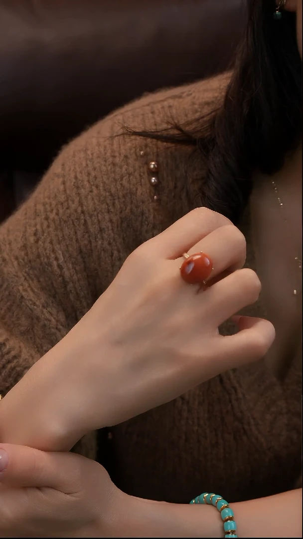 银S925镀金镶嵌南红玛瑙戒指11111