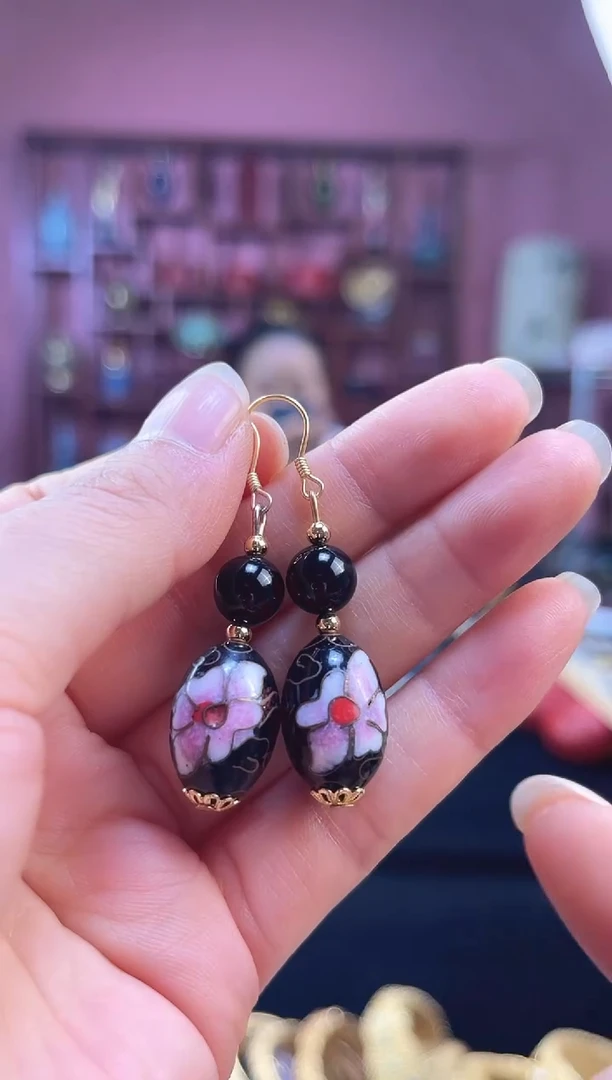 非遗 景泰蓝耳饰 黑色 大枣珠