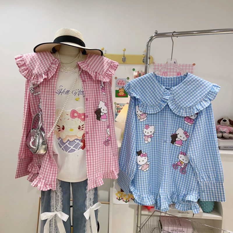 【钱呼呼】清版~小格子设计卡通猫咪印花娃娃领中长款衬衫