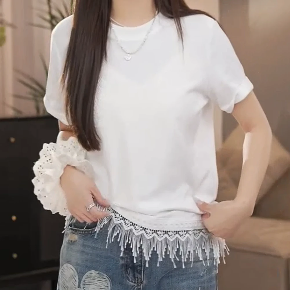 新款春夏季时尚纯色简约下摆流苏百搭T恤