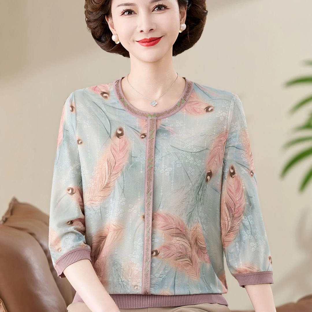 新款春装七分袖上衣中年妈妈春夏薄针织T恤衫宽松中老年女装中袖