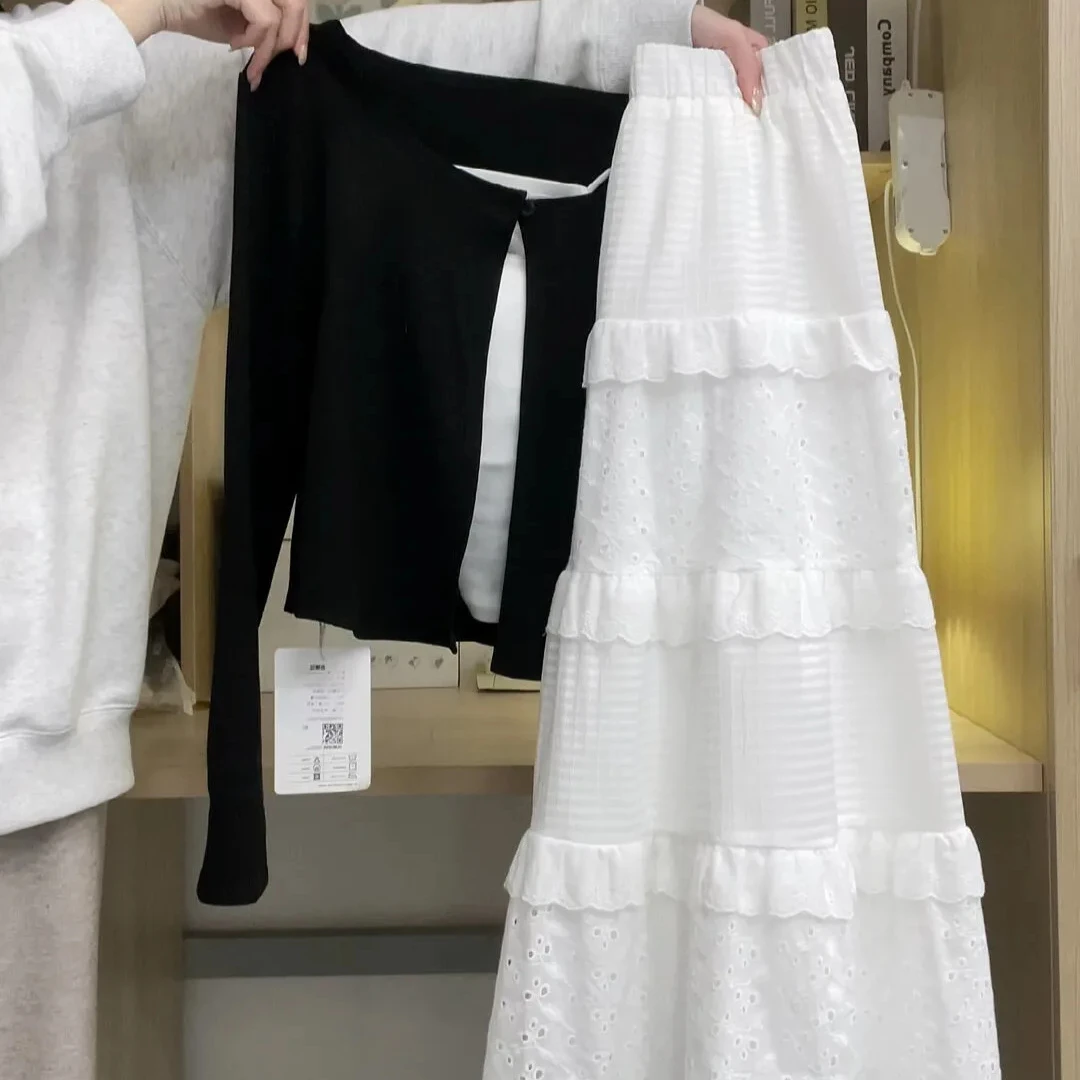 春夏女2025小个子白色拼接蛋糕半身裙防嗮薄开衫内搭吊带三件套装