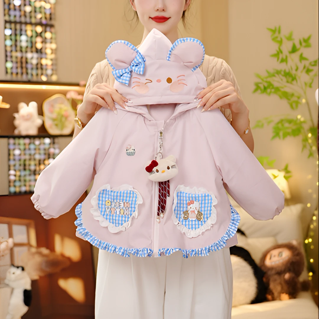 女童加绒加厚卡通猫咪连帽外套秋冬2025新款洋气女孩时髦休闲秋装