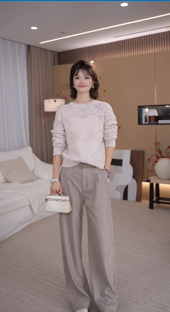 老马Malinlin  提花镂空圆领针织时尚套头衫百搭气质上衣