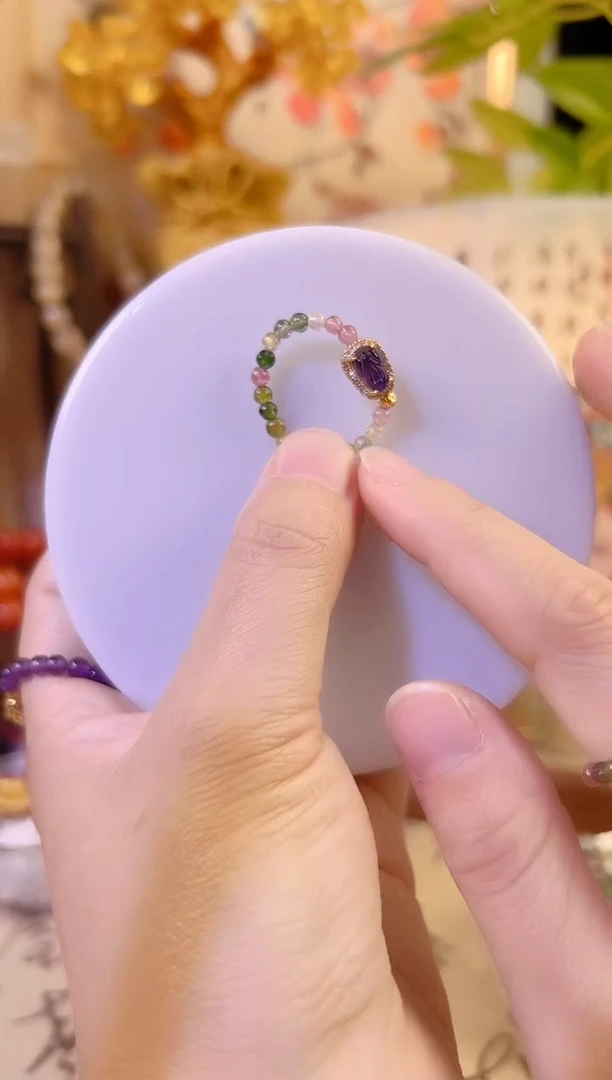 银S925镶嵌戒指碧玺碧玺紫水晶貔貅戒指