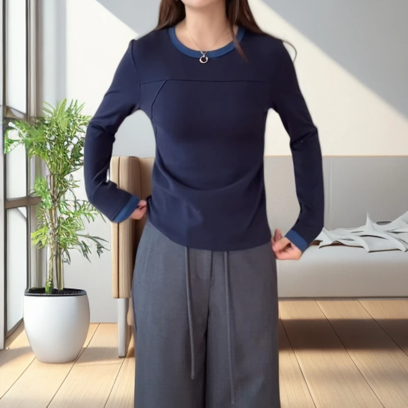 简约设计感撞色圆领收腰打底衫女秋季2025新款显瘦长袖打底上衣