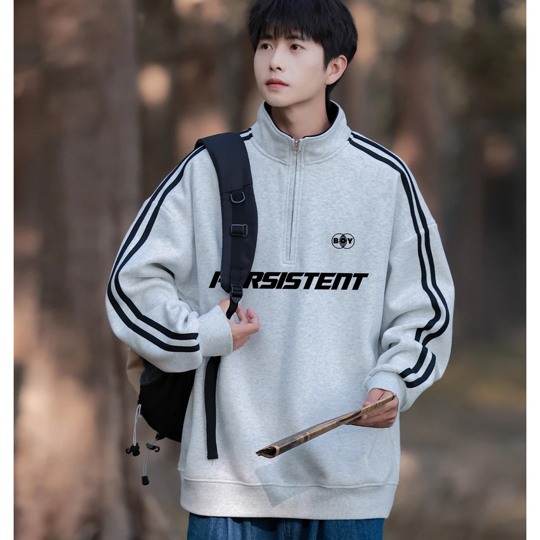 加大码300斤美式三条杠半拉链卫衣男秋冬ins加绒加厚宽松立领外套