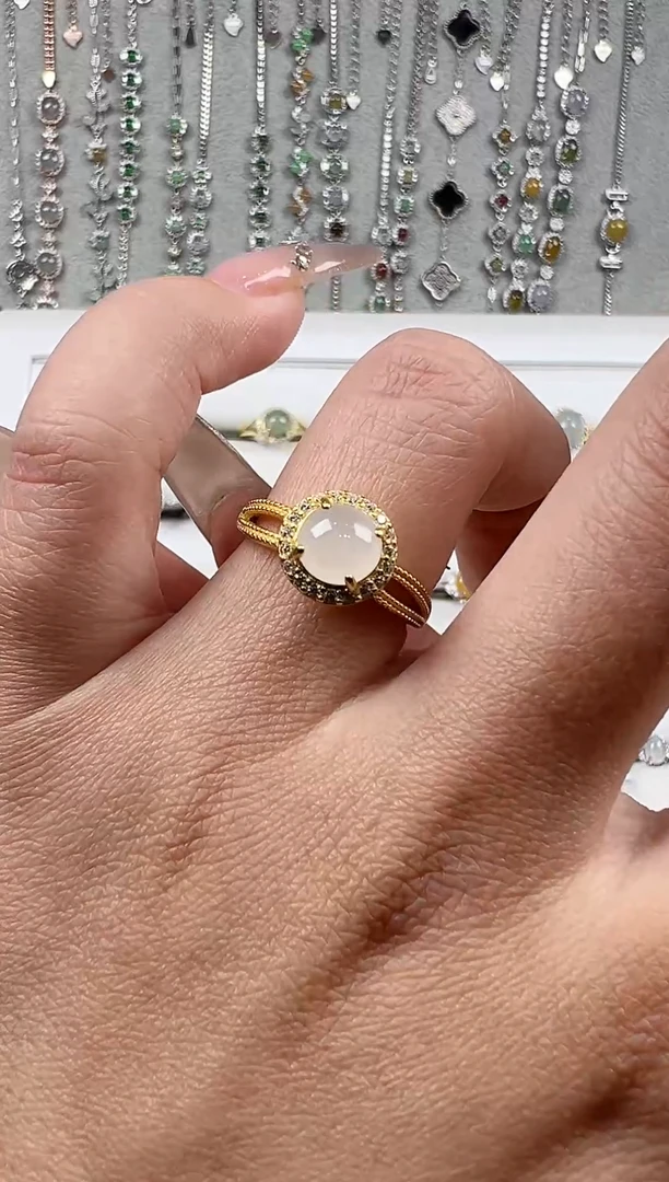 【闪购商品】翡翠戒指银S925镀金镶嵌缅料a货翡翠戒指s925镶嵌