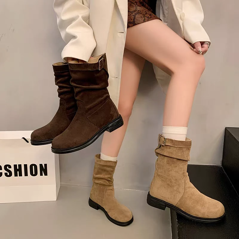 W305-3新款秋冬款超火堆堆靴套筒爆款中筒平底短靴女马丁靴不加绒