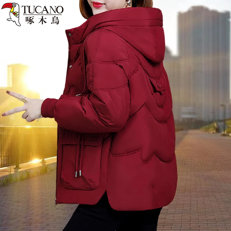 啄木鸟轻职百搭休闲日常连帽棉衣女士秋冬新款加厚保暖中长款棉服