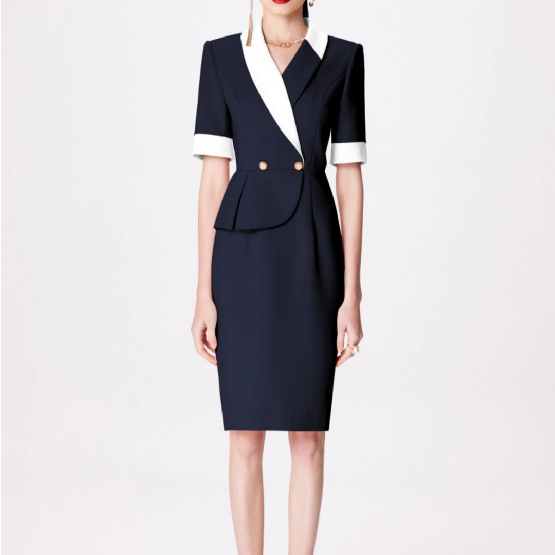 L22002藏青色连衣裙前台职业装主持上镜正装高级感女神范工作服Z