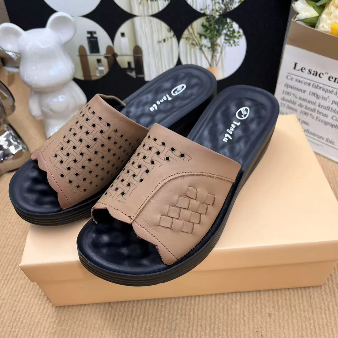 牛皮凉拖女夏外穿新款厚底镂空凉鞋时尚百搭防滑软底拖鞋2235-1