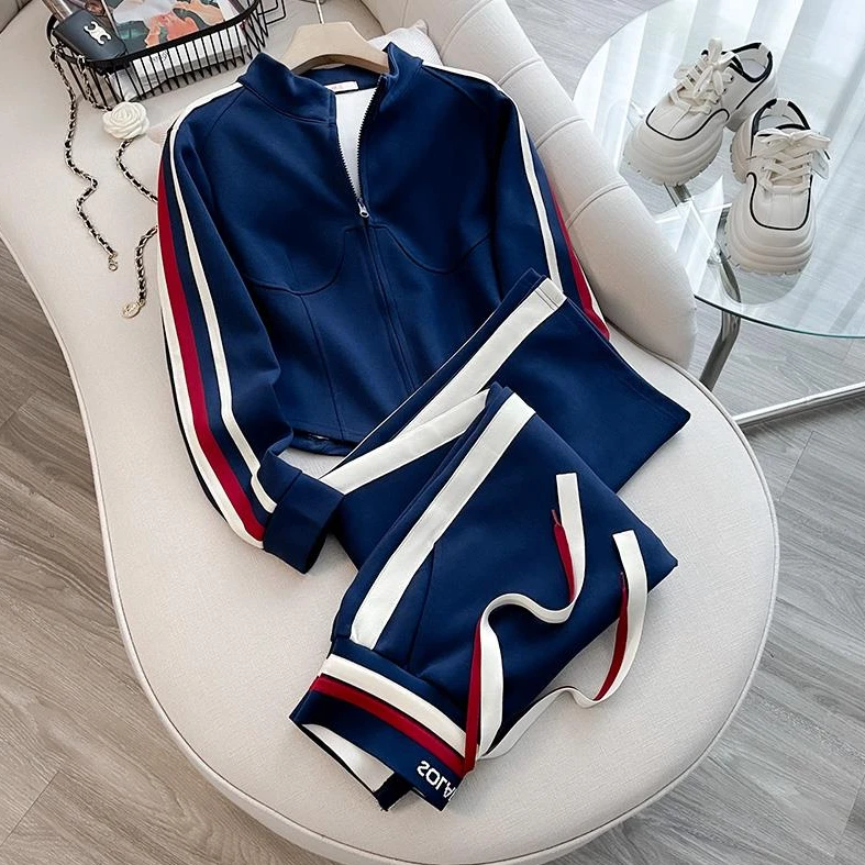 欧货蓝色休闲运动套装女秋冬季洋气显瘦加绒开衫卫衣直筒裤两件套