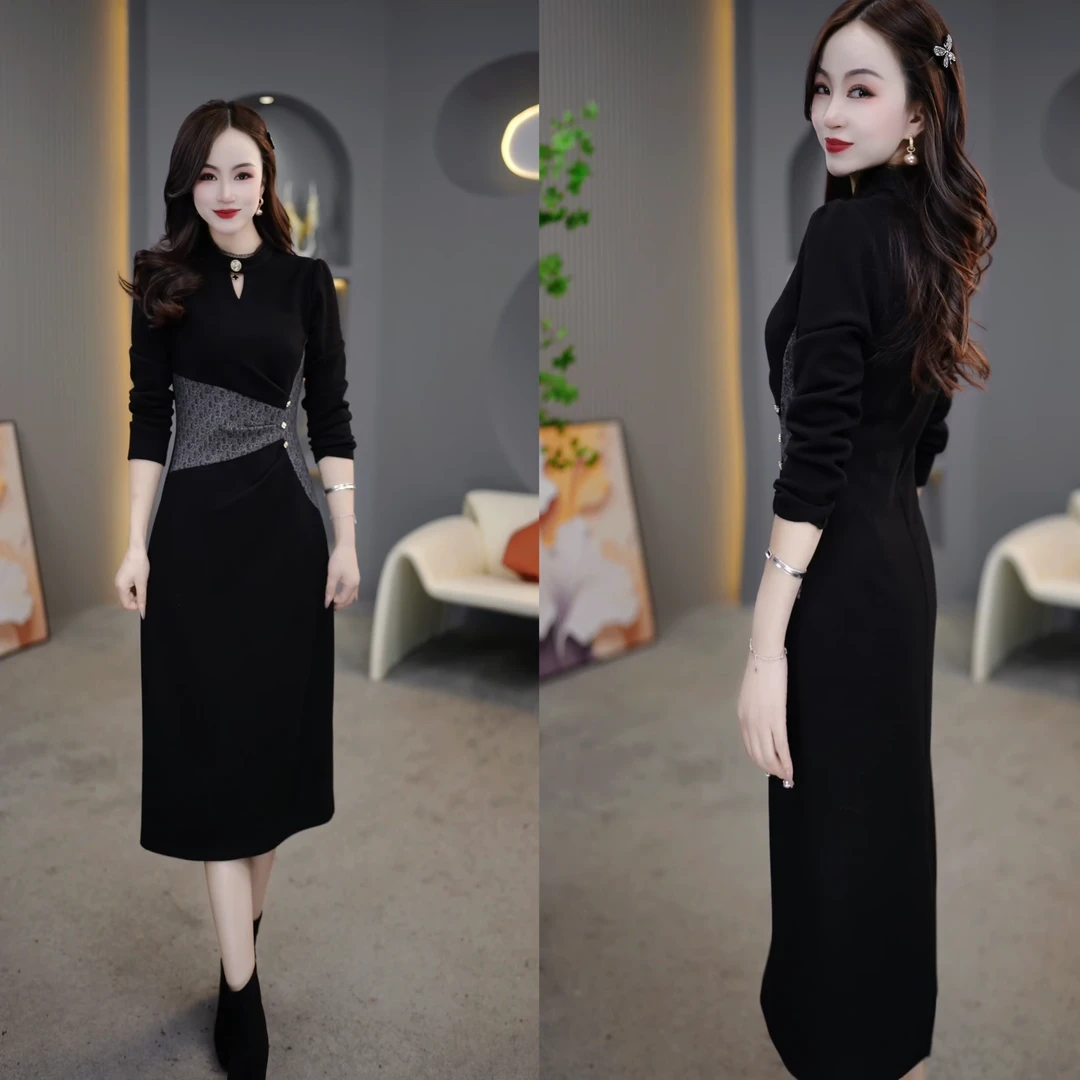 2024秋冬新款复古花纹腰部拼接设计显瘦开叉中长款连衣裙M-4XL