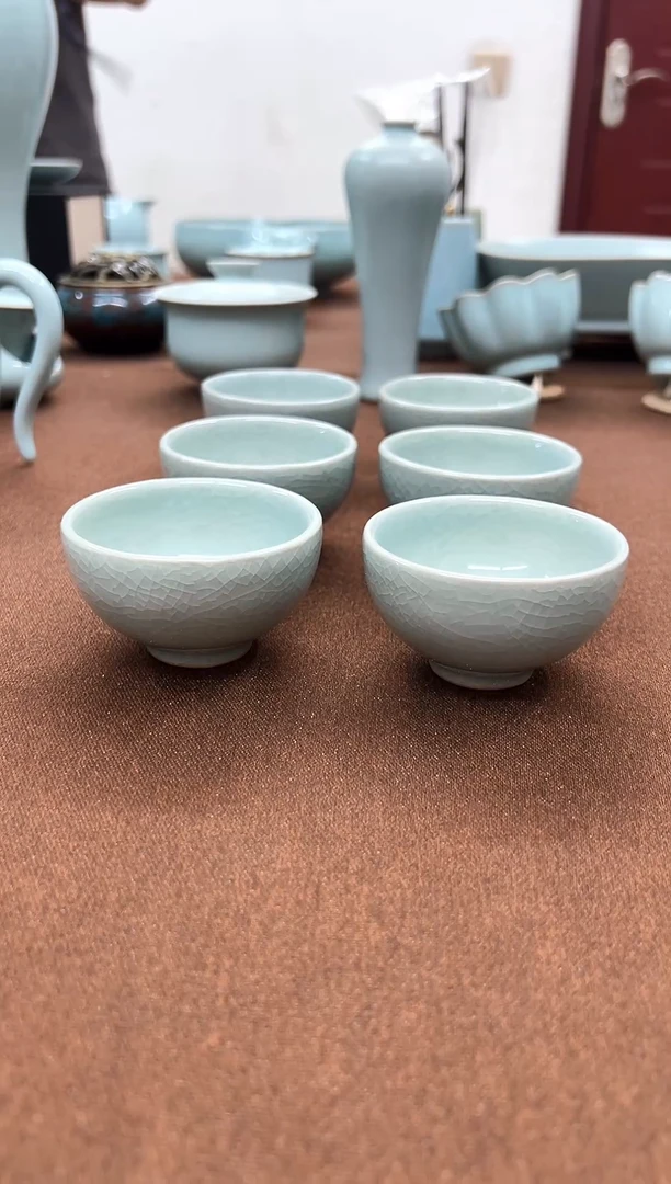 杯子微瑕原矿粉青釉客杯6个