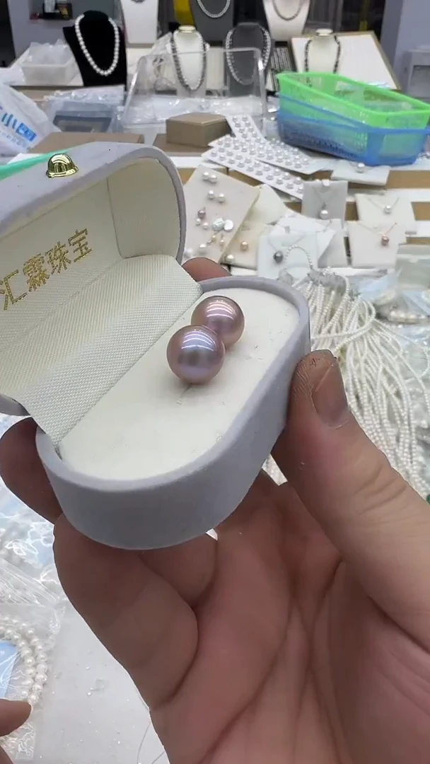 银S925镶嵌耳钉淡水珍珠10mm 紫珠款