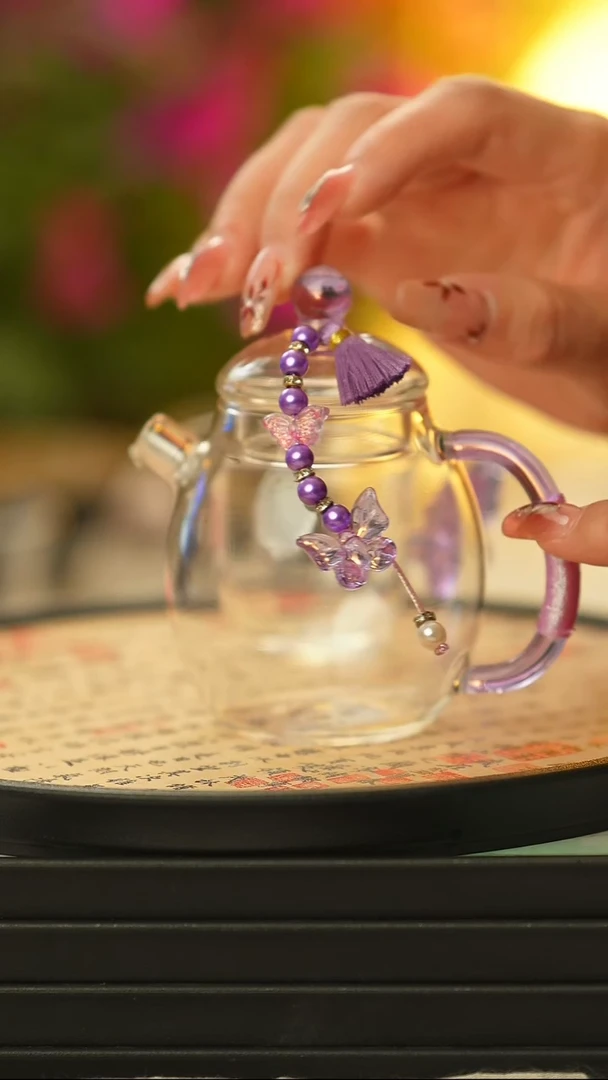 【闪购商品】茶壶紫色玻璃手工编制提溜