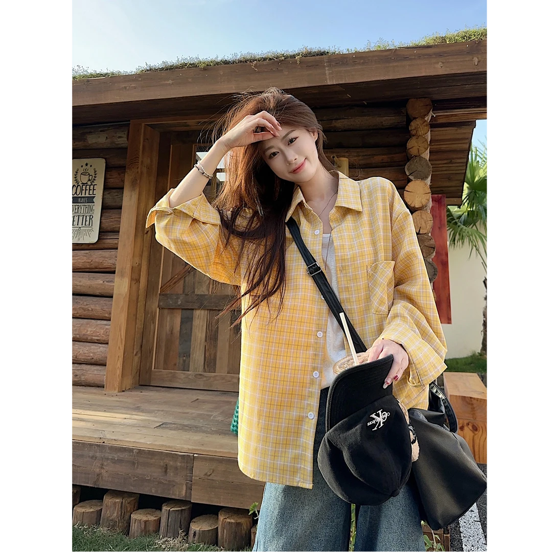 宽松格子长袖防晒衬衫开衫女2025夏季新款韩系慵懒风中长款衬衣潮