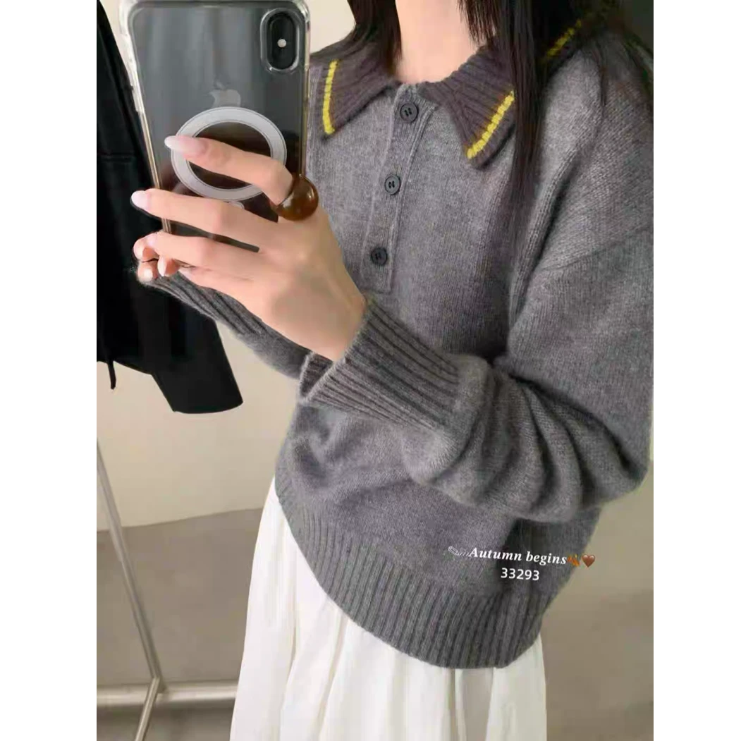 【红黄翻领】韩系时尚休闲套头长袖显瘦百搭针织衫女毛衣