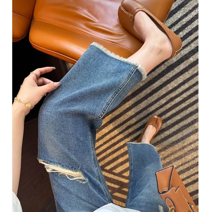 破洞毛边阔腿牛仔裤女2025夏季薄款梨型身材宽松显瘦九分直筒裤子