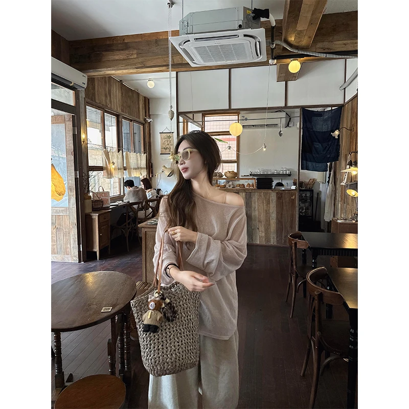 韩系慵懒风通勤女装针织T恤百搭斜肩露肩显瘦上衣宽松休闲阔腿裤