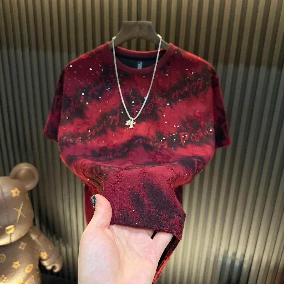 新年短袖满天星字母男款亮闪破洞男上衣爆款轻奢半袖圆领潮流