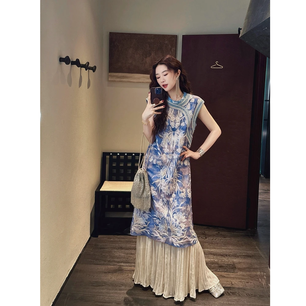 三吉黑花【凝妆】新中式国风连衣裙子2025新款重工绣花背心旗袍裙