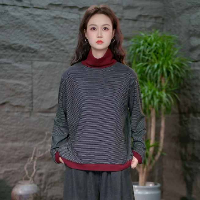 【撞色高领细条纹打底衣】秋冬女装2025新款百搭卫衣宽松磨毛保暖衣