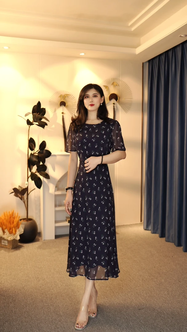 花色修身女装连衣裙时尚轻奢常规袖夏季收腰中腰拼接 8021