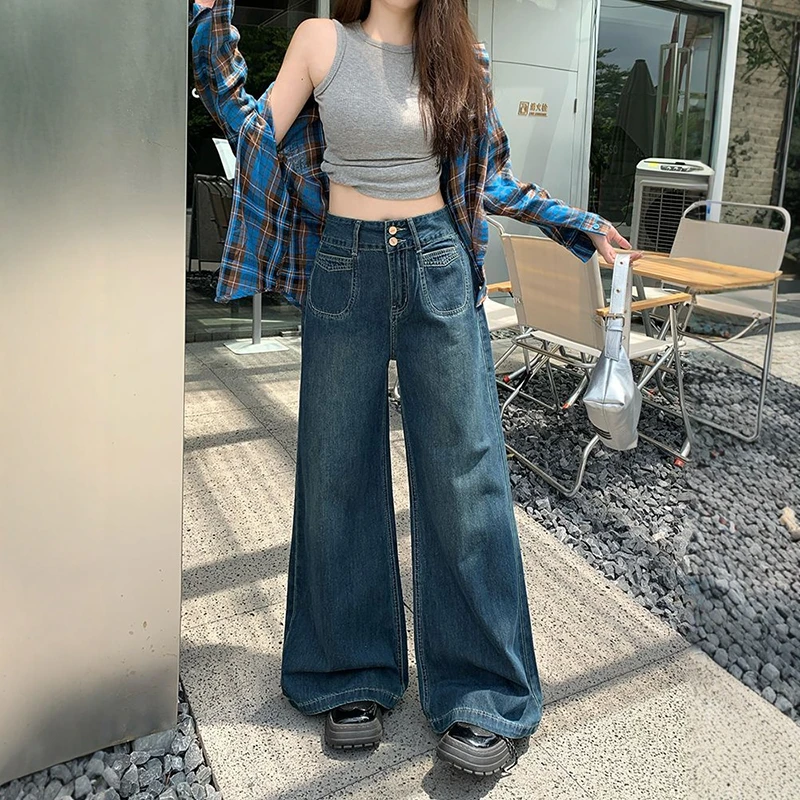 高腰双扣阔腿牛仔裤女春季新款复古设计感宽松显瘦垂感拖地长裤子