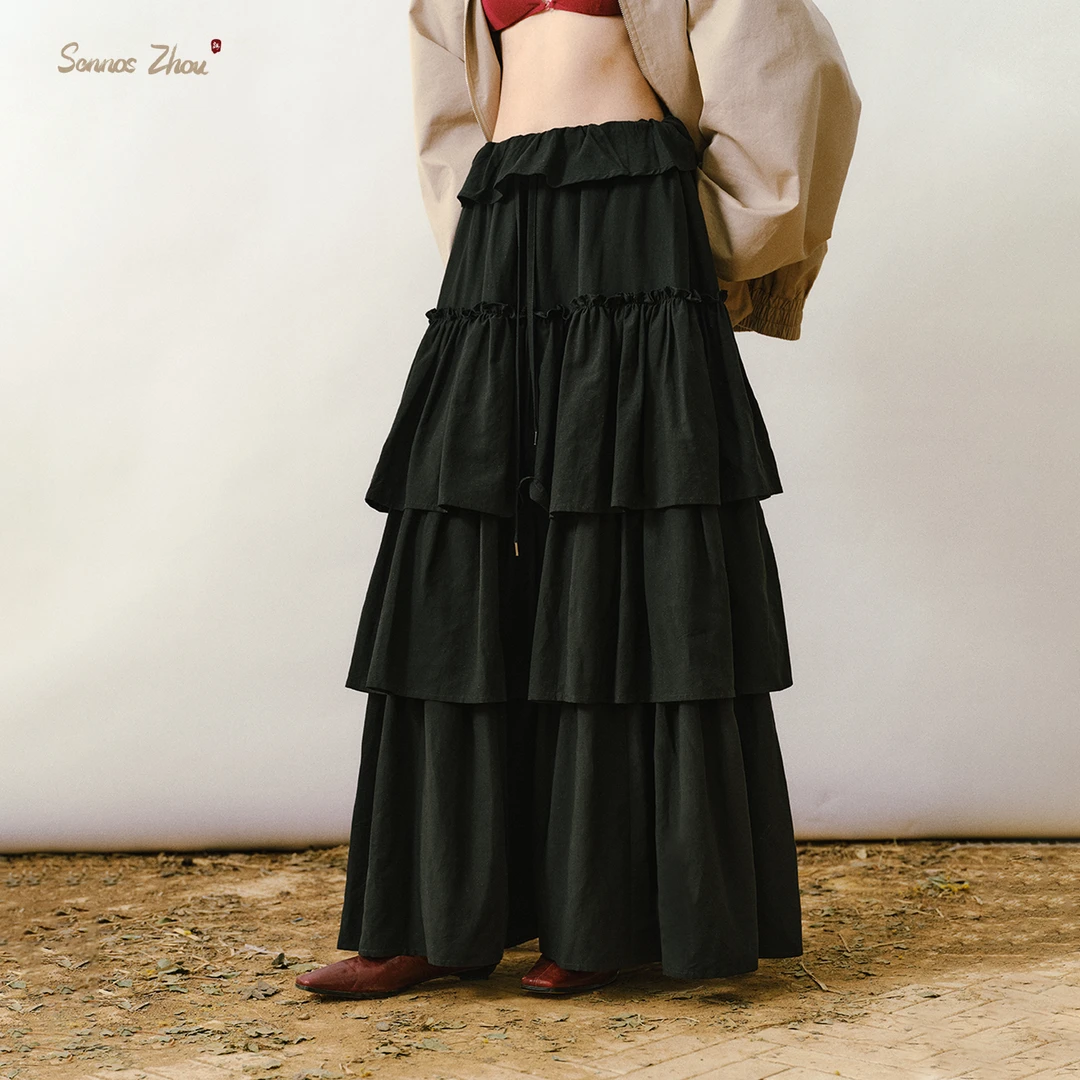 sennos zhou重影藏秋多层荷叶边大摆裙