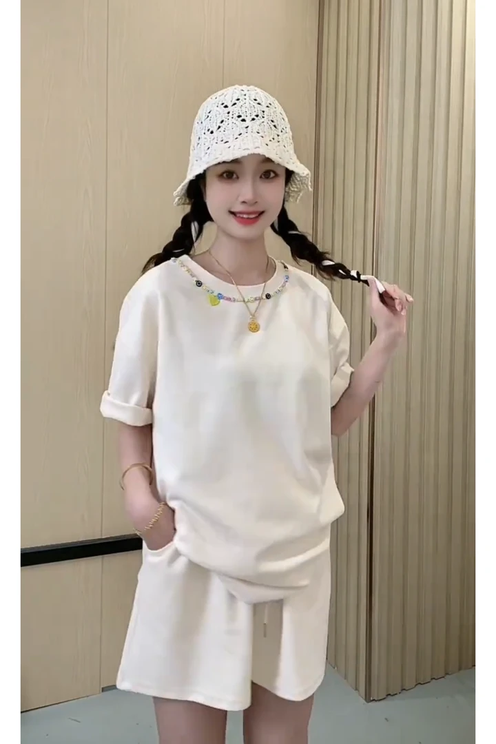 Cherryjar【25729】时尚休闲金属彩色字母笑脸点缀纯色休闲套装