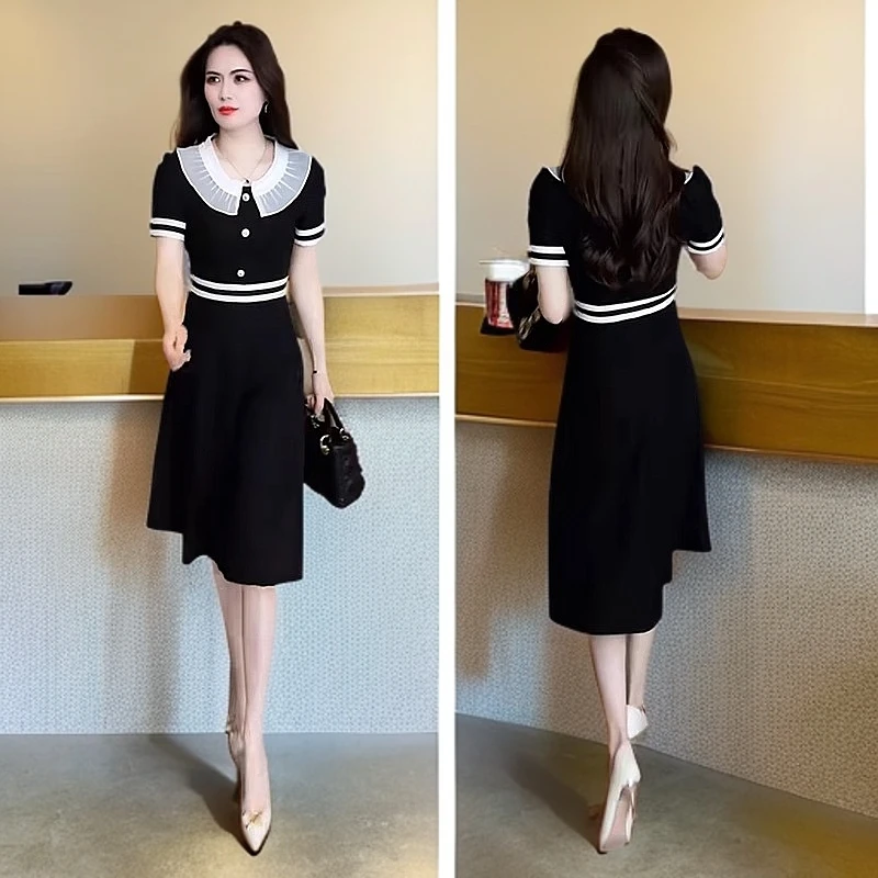 黑色连衣裙女夏季2025新款法式时尚洋气收腰显瘦中长款短袖连衣裙