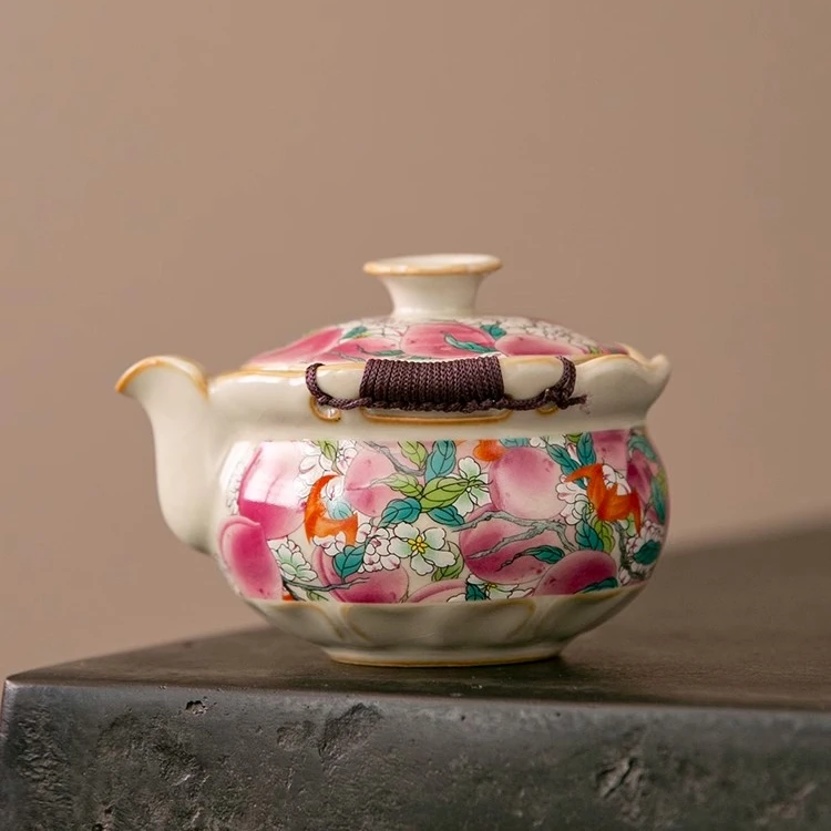 复古米黄汝窑九桃茶壶开片可养陶瓷泡茶壶办公家用功夫茶具手抓壶