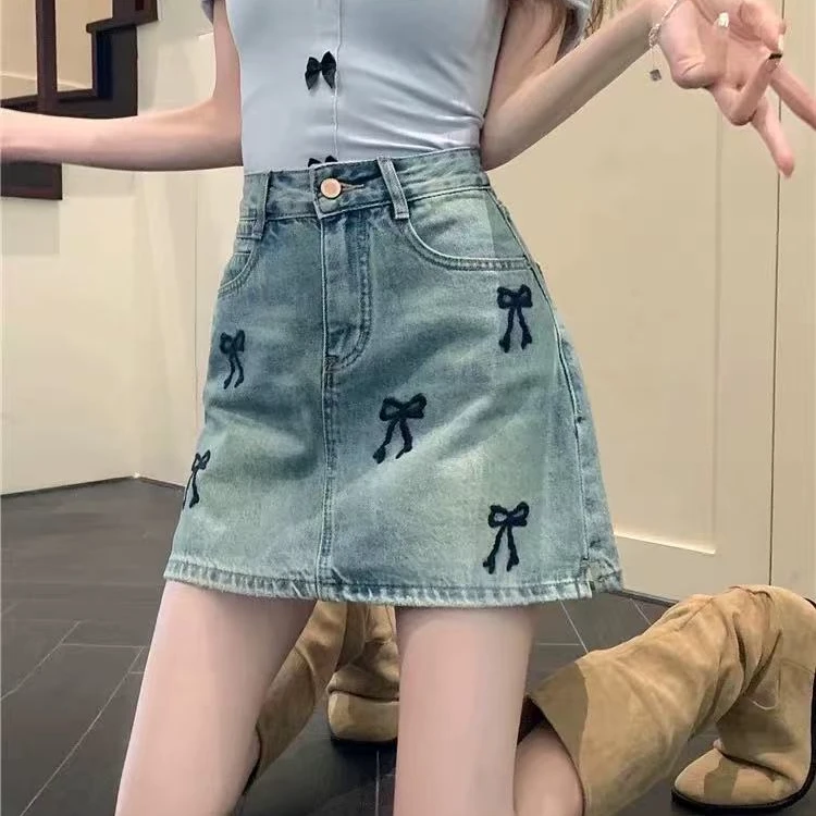 D6052时尚高腰牛仔裙复古做旧蝴蝶结刺绣休闲短裙