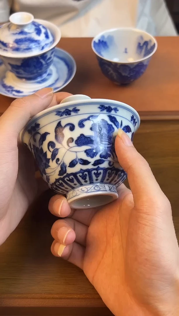 问青坊纯手工手绘青花缠枝花卉柴窑二才盖碗