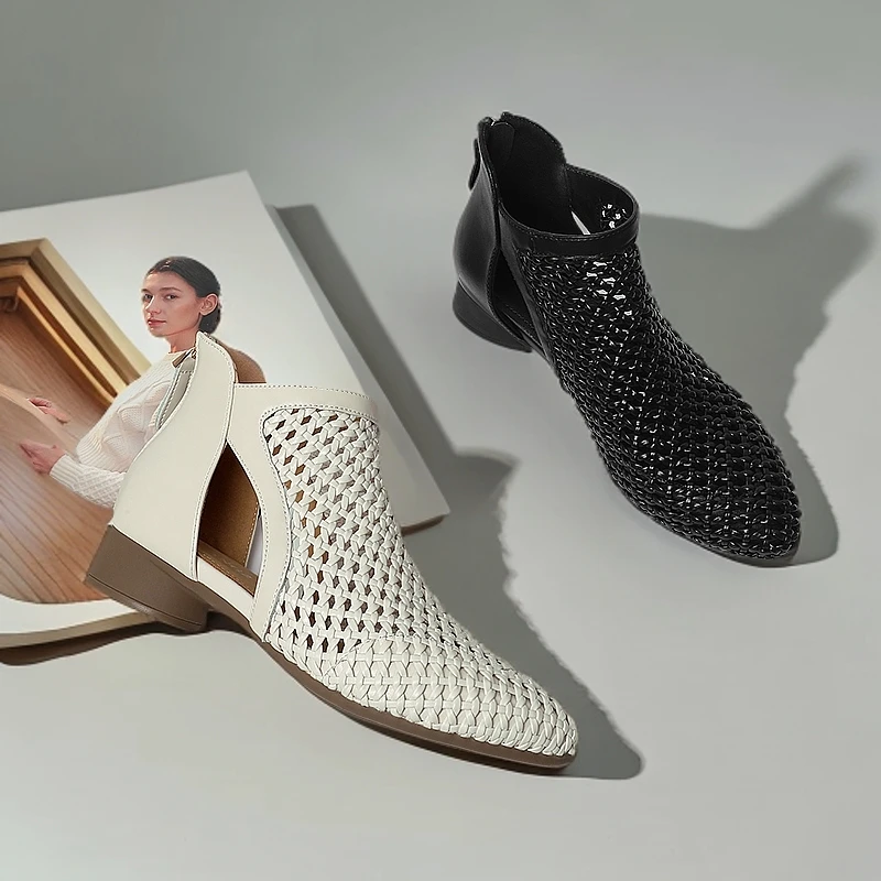 真皮百搭透气春夏时装靴镂空时装凉靴夏季短靴网靴中跟时尚高跟